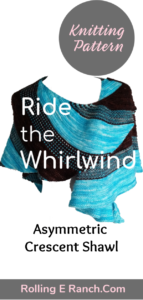 Asymmetrical crescent shaped shawl in Turquoise and Chocolate yarn - Ride the Whirlwind Shawl Knitting Pattern from Rolling E Ranch