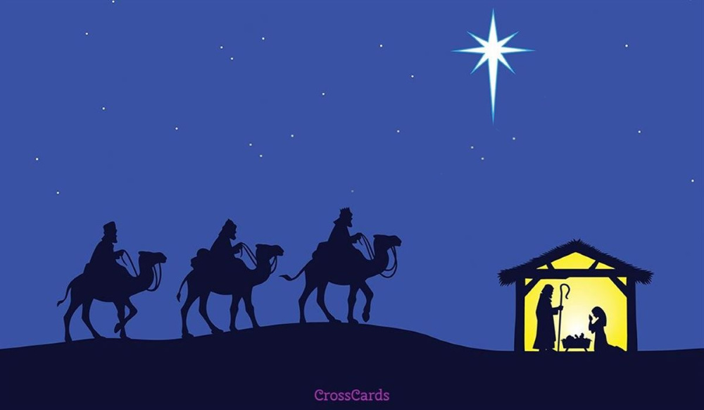 three wisemen traveling on their camels to see the Christ child